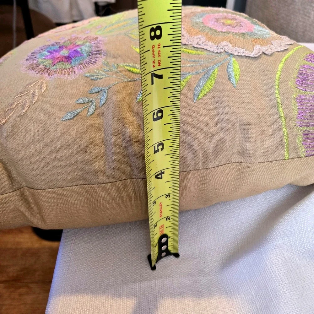 A Journey to India Floral Embroidered Throw Pillow Tan Boho Crewelwork 15x15 NWT